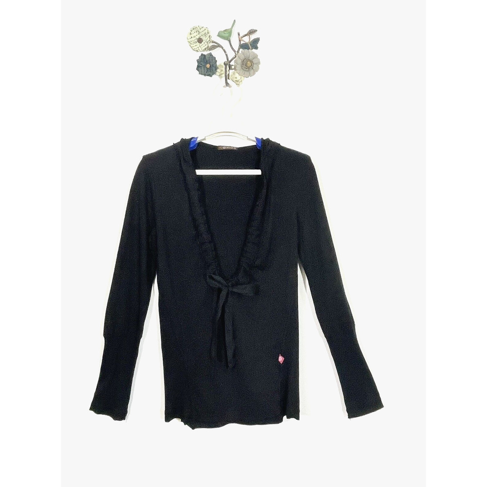 XCVI Black Top Hoodie Pull Over Long Sleeve Deep V Neck Womens Size Small